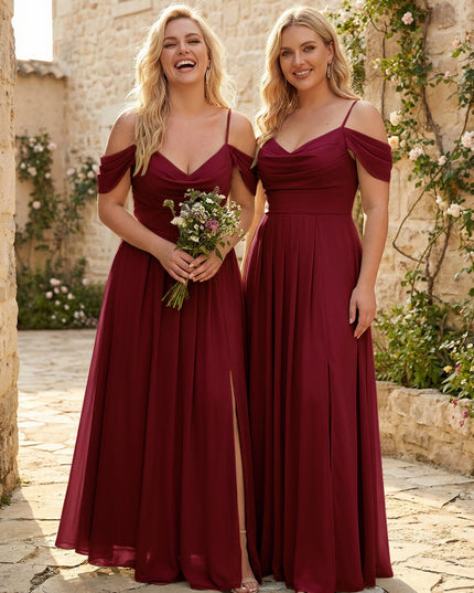 Spaghetti Straps Pleated Chiffon Sweetheart Bridesmaid Dresses with Slit