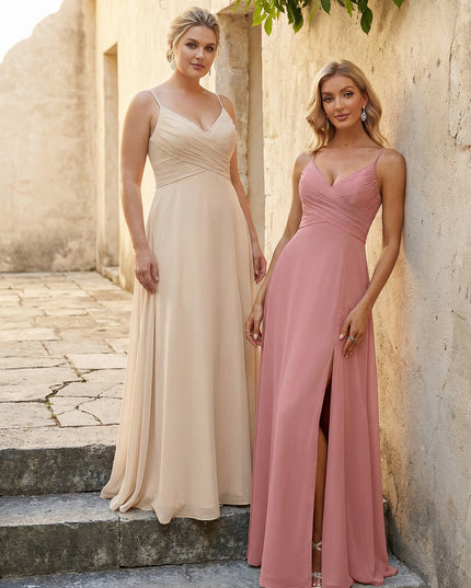 V Neck Pleated Chiffon Side Slit Bridesmaid Dresses