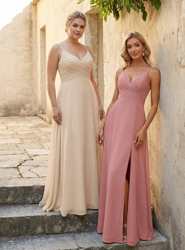 V Neck Pleated Chiffon Side Slit Bridesmaid Dresses