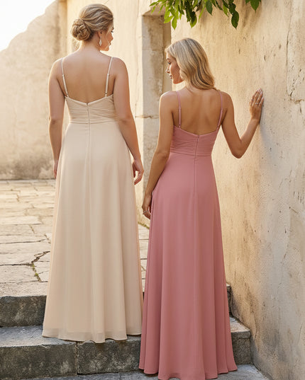 V Neck Pleated Chiffon Side Slit Bridesmaid Dresses