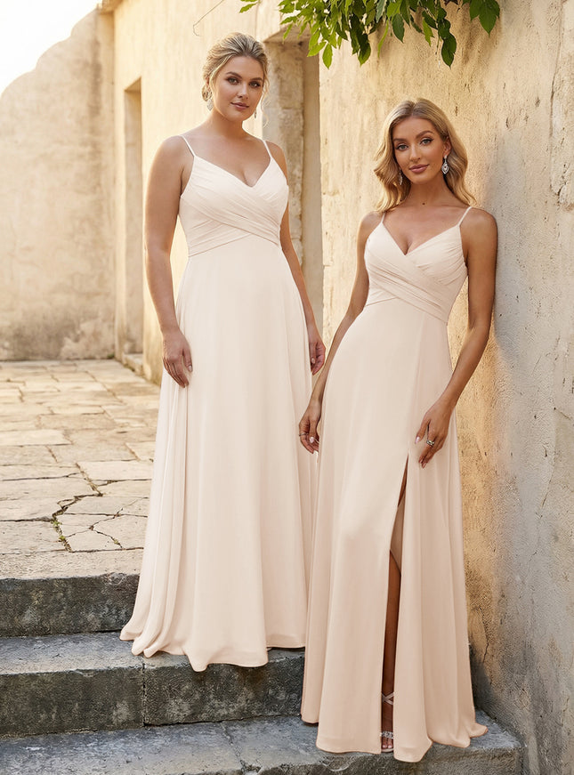 V Neck Pleated Chiffon Side Slit Bridesmaid Dresses
