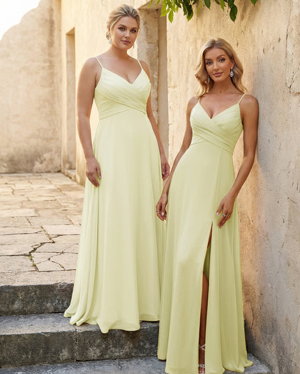 V Neck Pleated Chiffon Side Slit Bridesmaid Dresses