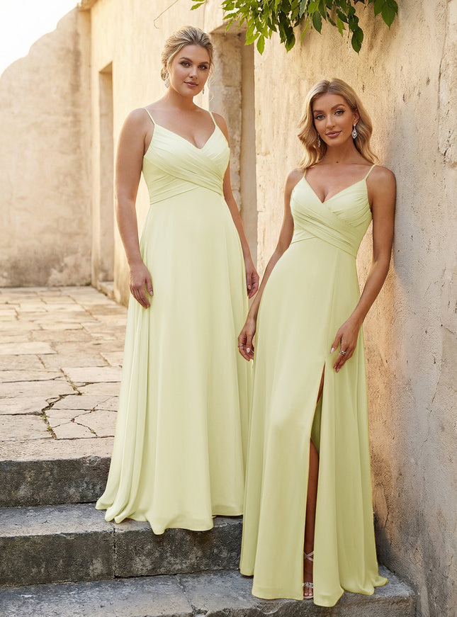 V Neck Pleated Chiffon Side Slit Bridesmaid Dresses