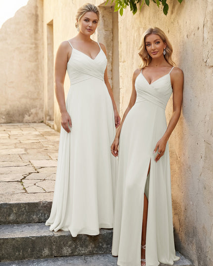 V Neck Pleated Chiffon Side Slit Bridesmaid Dresses