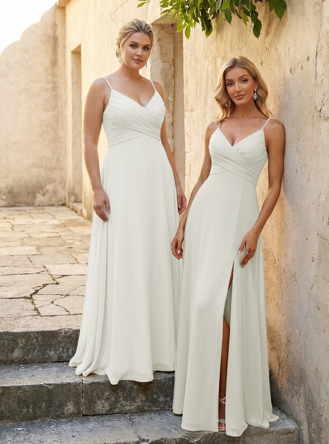 V Neck Pleated Chiffon Side Slit Bridesmaid Dresses