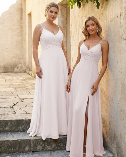 V Neck Pleated Chiffon Side Slit Bridesmaid Dresses