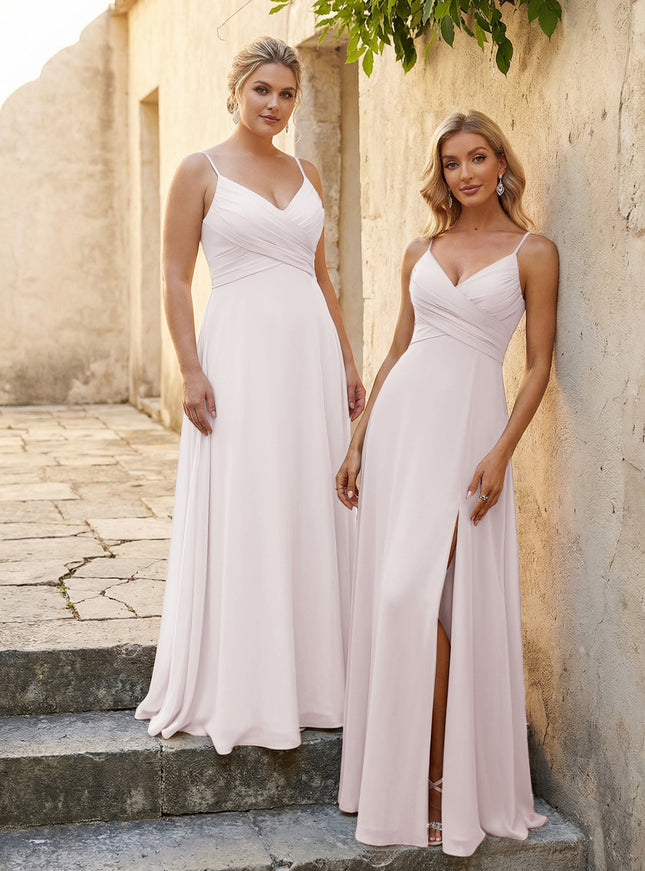 V Neck Pleated Chiffon Side Slit Bridesmaid Dresses