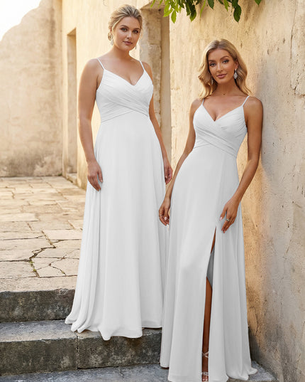 V Neck Pleated Chiffon Side Slit Bridesmaid Dresses
