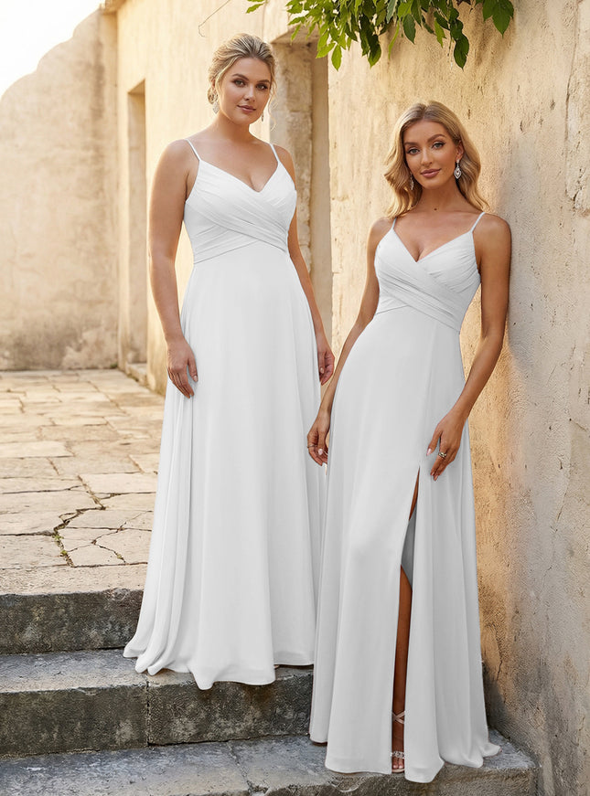 V Neck Pleated Chiffon Side Slit Bridesmaid Dresses
