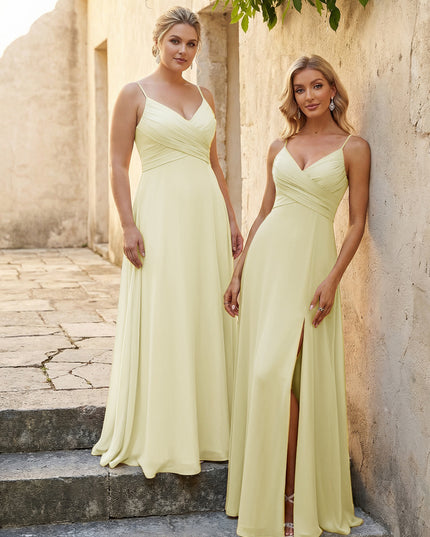 V Neck Pleated Chiffon Side Slit Bridesmaid Dresses