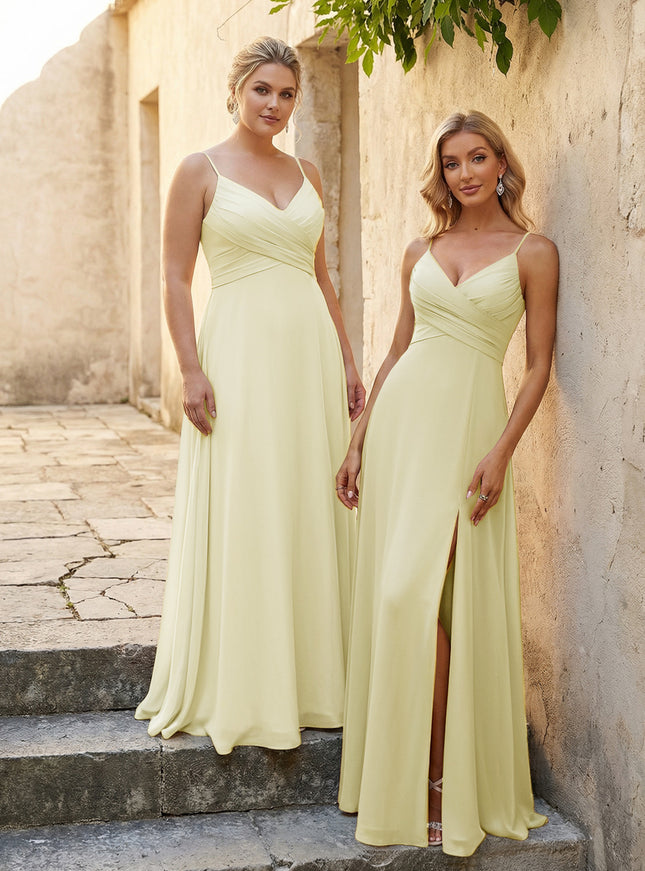 V Neck Pleated Chiffon Side Slit Bridesmaid Dresses