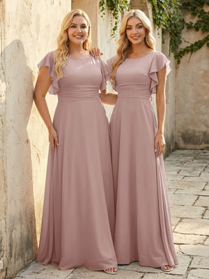 Scoop Neck Corset Pleated Chiffon Bridesmaid Dresses