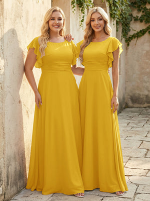 Scoop Neck Corset Pleated Chiffon Bridesmaid Dresses