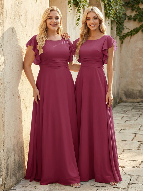 Scoop Neck Corset Pleated Chiffon Bridesmaid Dresses