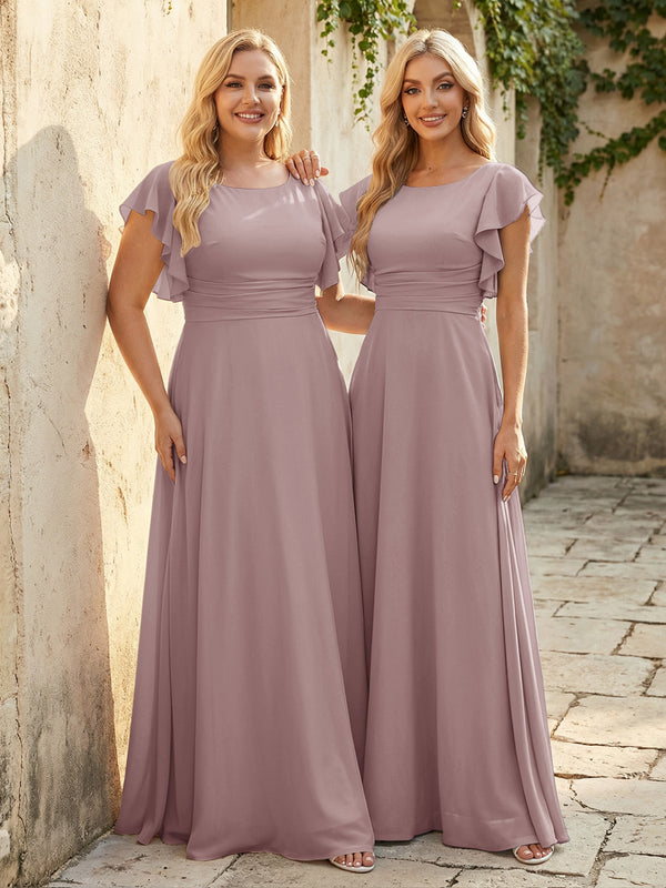 Scoop Neck Corset Pleated Chiffon Bridesmaid Dresses