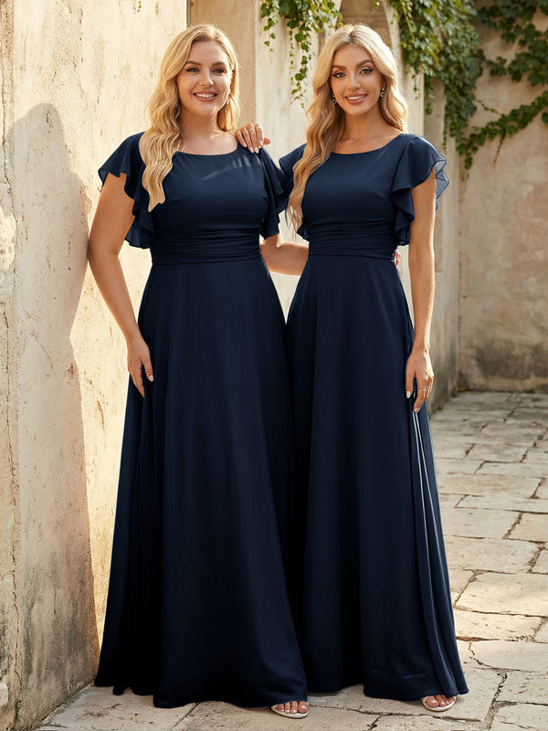 Scoop Neck Corset Pleated Chiffon Bridesmaid Dresses