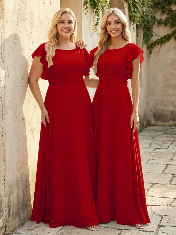 Scoop Neck Corset Pleated Chiffon Bridesmaid Dresses