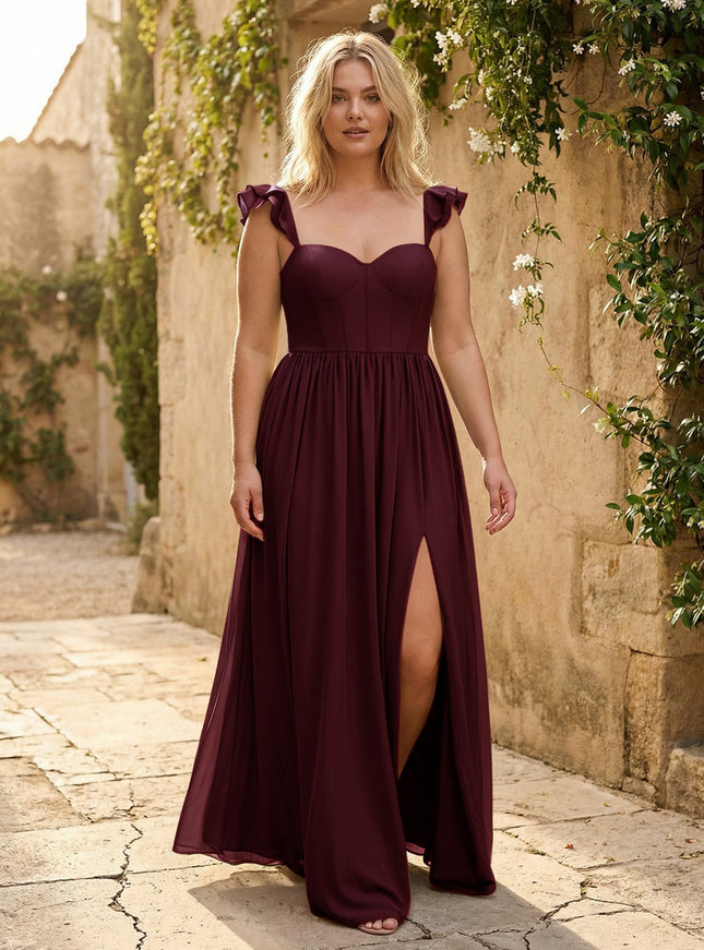 Sweetheart Pleated Chiffon Ruffles Bridesmaid Dresses with Slit