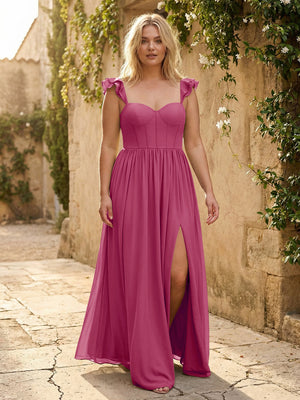 Sweetheart Pleated Chiffon Ruffles Bridesmaid Dresses with Slit