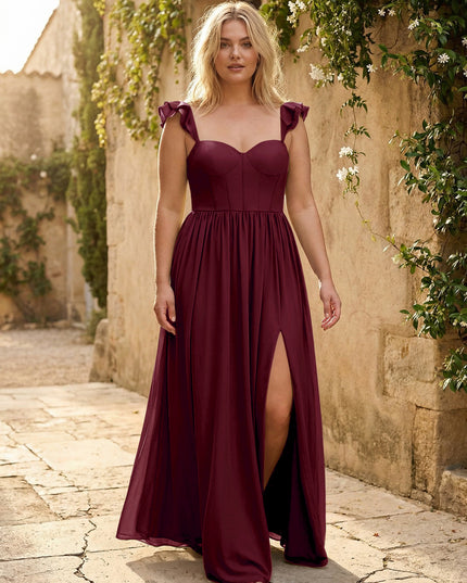 Sweetheart Pleated Chiffon Ruffles Bridesmaid Dresses with Slit