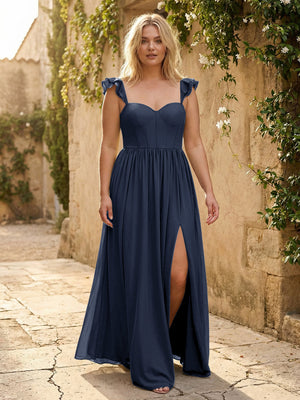 Sweetheart Pleated Chiffon Ruffles Bridesmaid Dresses with Slit