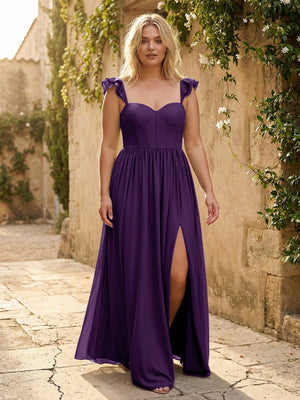 Sweetheart Pleated Chiffon Ruffles Bridesmaid Dresses with Slit