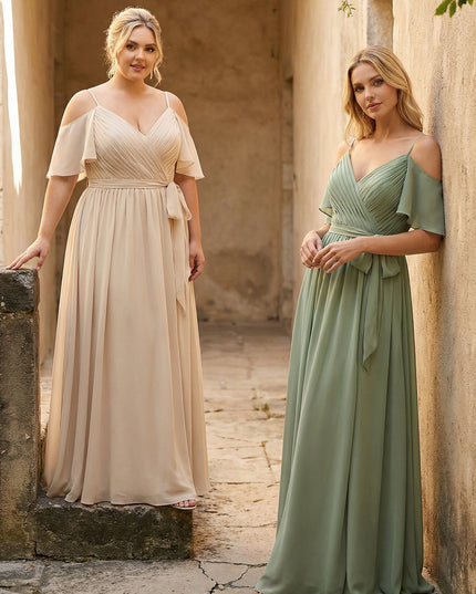 Spaghetti Straps V Neck Pleated Chiffon Bridesmaid Dresses