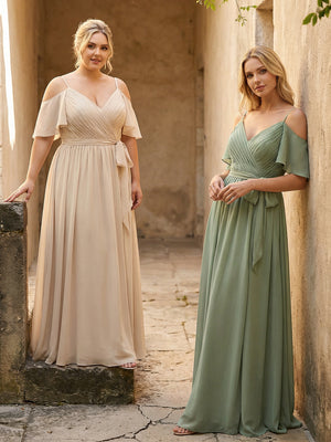 Spaghetti Straps V Neck Pleated Chiffon Bridesmaid Dresses