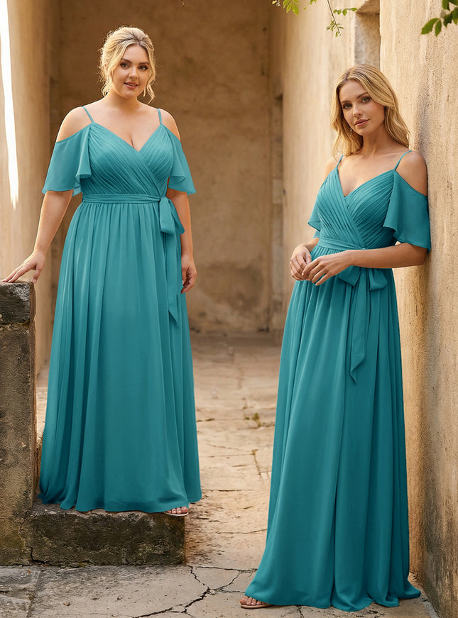 Spaghetti Straps V Neck Pleated Chiffon Bridesmaid Dresses