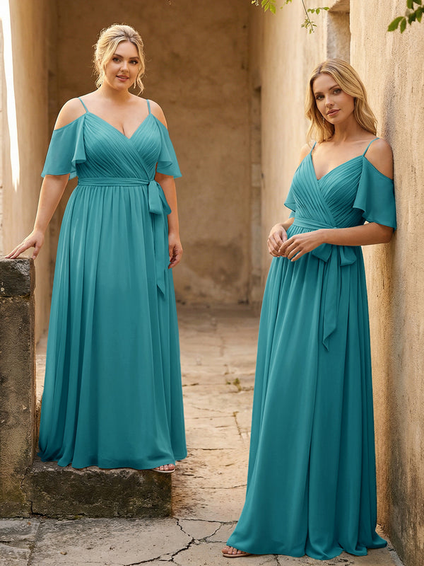 Spaghetti Straps V Neck Pleated Chiffon Bridesmaid Dresses
