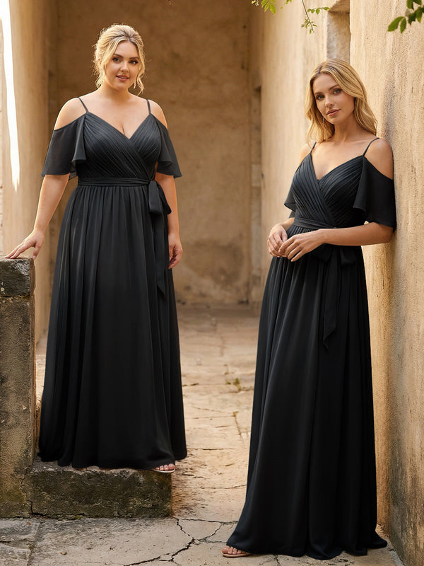 Spaghetti Straps V Neck Pleated Chiffon Bridesmaid Dresses