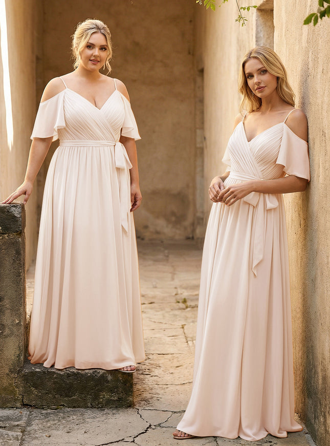Spaghetti Straps V Neck Pleated Chiffon Bridesmaid Dresses