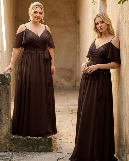 Spaghetti Straps V Neck Pleated Chiffon Bridesmaid Dresses