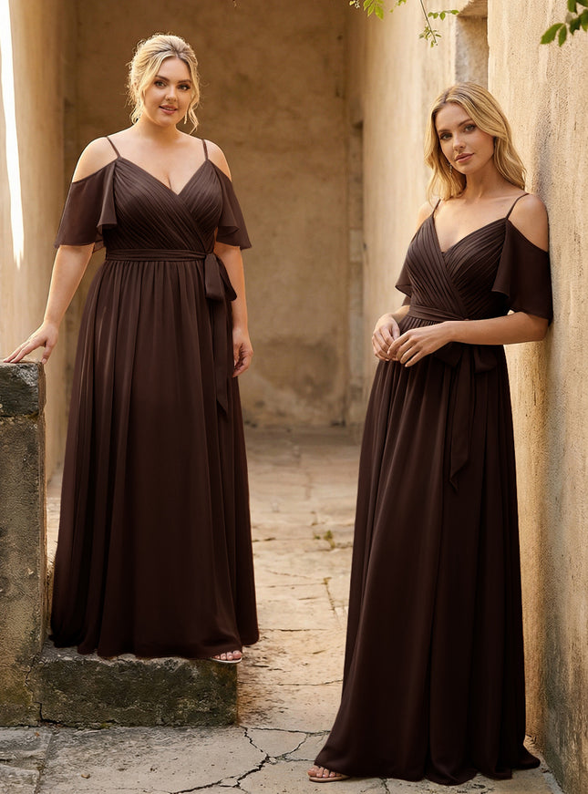 Spaghetti Straps V Neck Pleated Chiffon Bridesmaid Dresses