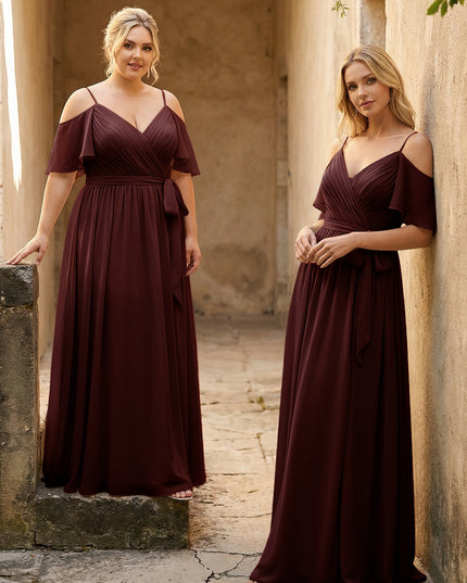 Spaghetti Straps V Neck Pleated Chiffon Bridesmaid Dresses