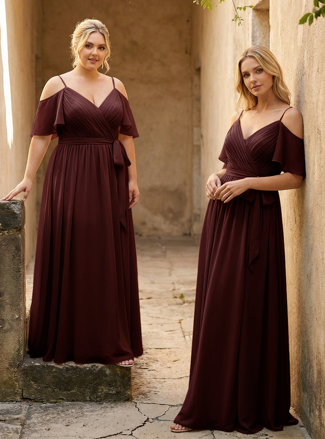Spaghetti Straps V Neck Pleated Chiffon Bridesmaid Dresses
