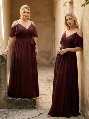 Spaghetti Straps V Neck Pleated Chiffon Bridesmaid Dresses