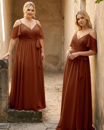 Spaghetti Straps V Neck Pleated Chiffon Bridesmaid Dresses