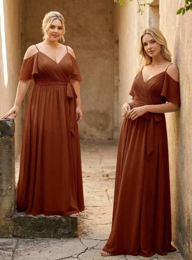 Spaghetti Straps V Neck Pleated Chiffon Bridesmaid Dresses