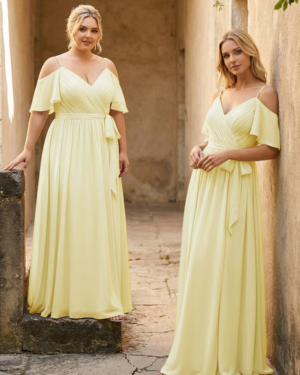 Spaghetti Straps V Neck Pleated Chiffon Bridesmaid Dresses