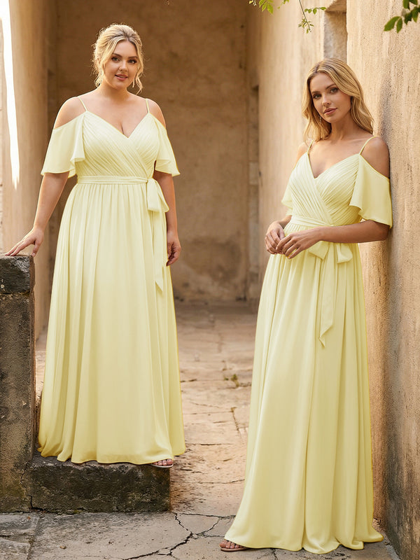 Spaghetti Straps V Neck Pleated Chiffon Bridesmaid Dresses