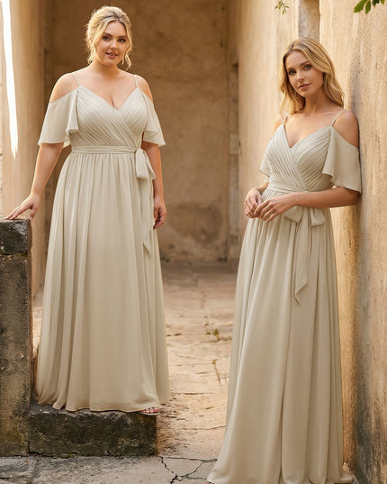 Spaghetti Straps V Neck Pleated Chiffon Bridesmaid Dresses