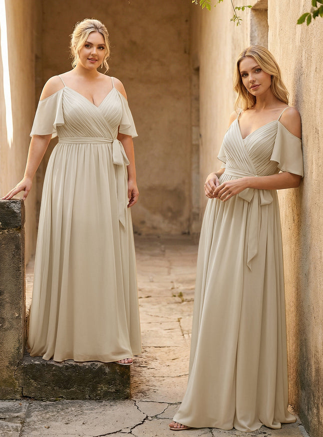 Spaghetti Straps V Neck Pleated Chiffon Bridesmaid Dresses