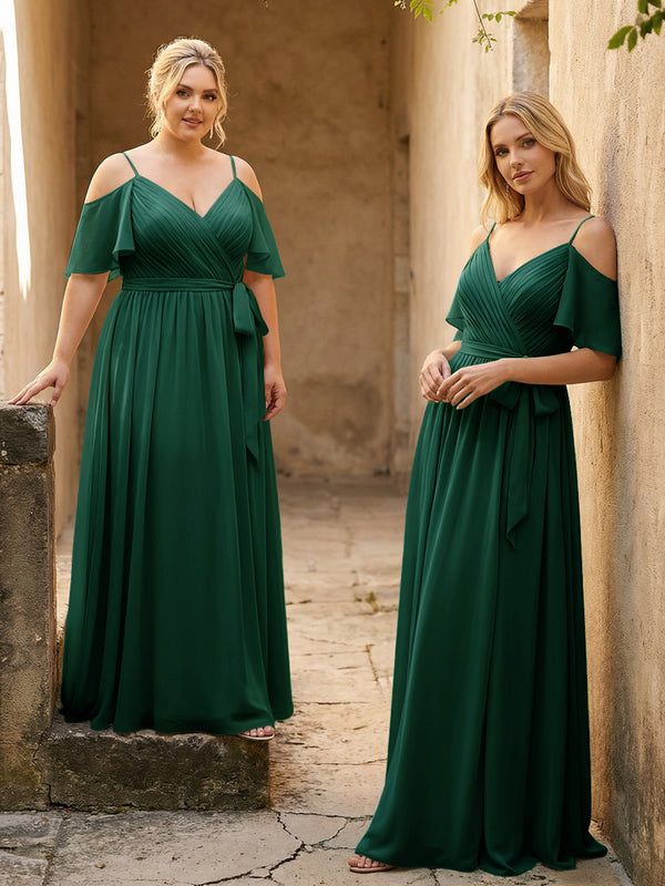 Spaghetti Straps V Neck Pleated Chiffon Bridesmaid Dresses