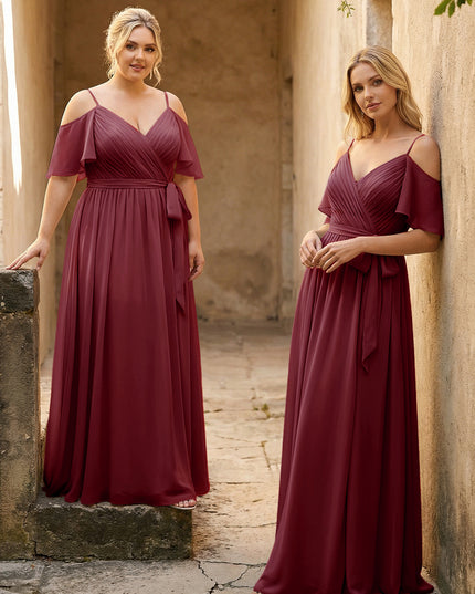 Spaghetti Straps V Neck Pleated Chiffon Bridesmaid Dresses