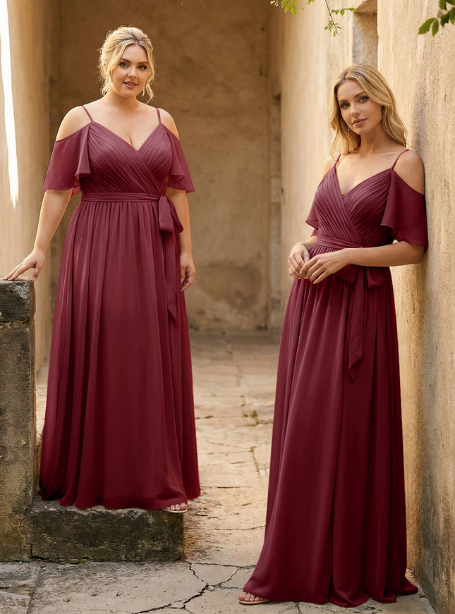Spaghetti Straps V Neck Pleated Chiffon Bridesmaid Dresses
