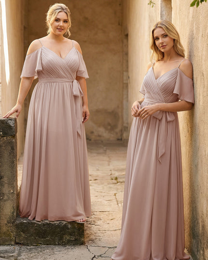 Spaghetti Straps V Neck Pleated Chiffon Bridesmaid Dresses