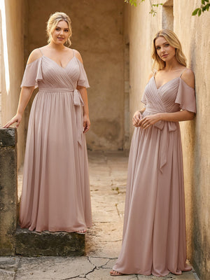 Spaghetti Straps V Neck Pleated Chiffon Bridesmaid Dresses