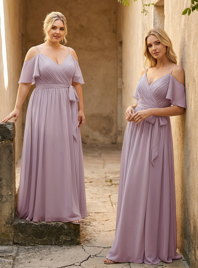 Spaghetti Straps V Neck Pleated Chiffon Bridesmaid Dresses