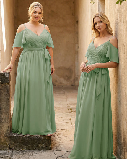 Spaghetti Straps V Neck Pleated Chiffon Bridesmaid Dresses